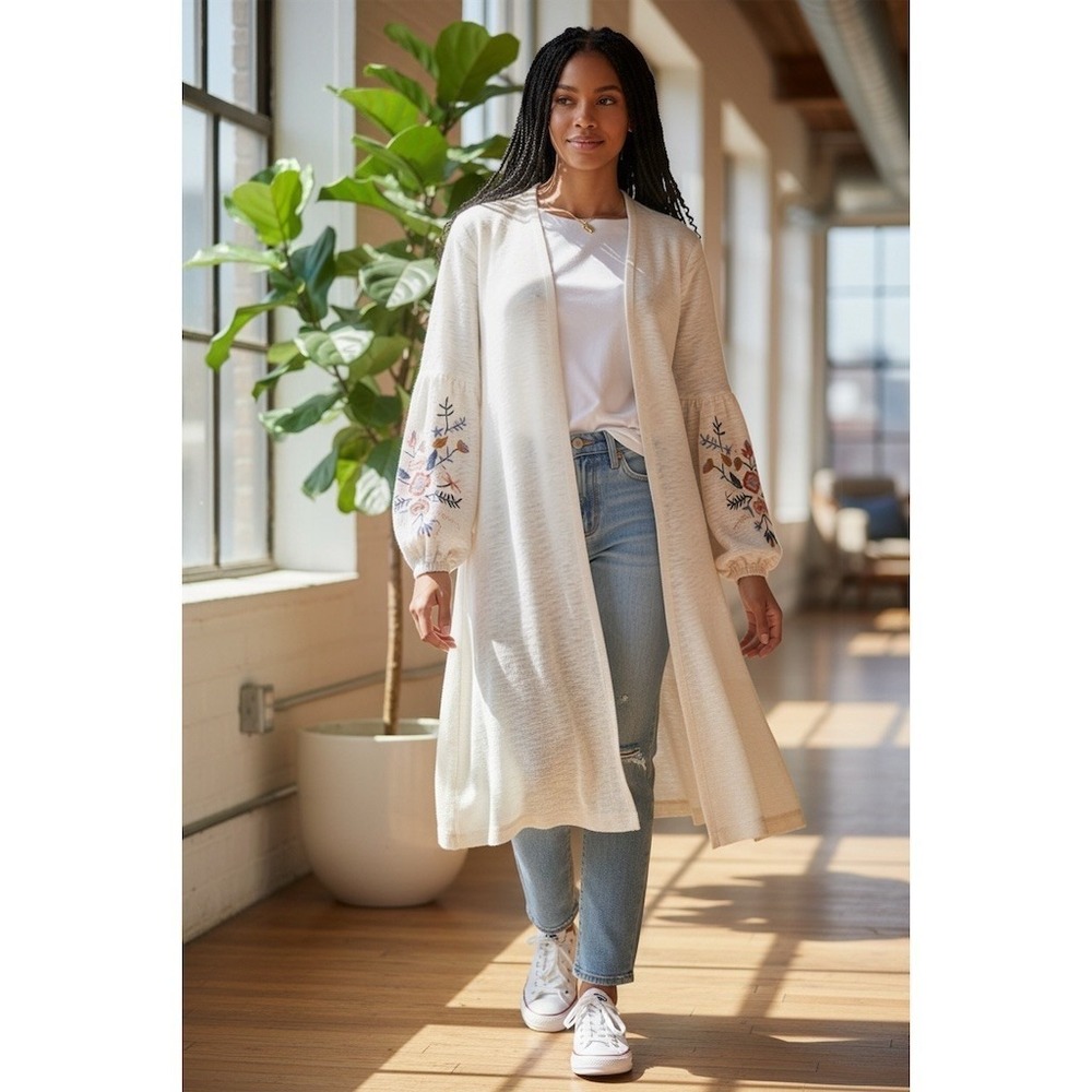 Eyeshadow Cardigan M Beige Open Front Long Duster Boho Embroidered longline
